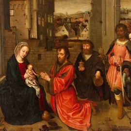 Lot 723 Damianus van der Goude , 16th c., (workshop of Frans Floris), "Adoration of the Magi" after Gerard David, Netherlandish, large oil on canvas