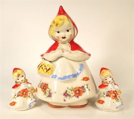 0617: LRRH Little Red Riding Hood Ceramic Cookie Jar,  S&P., Creamer, Sugar.  One of a large collection of Little Red Riding Hood Collectibles.