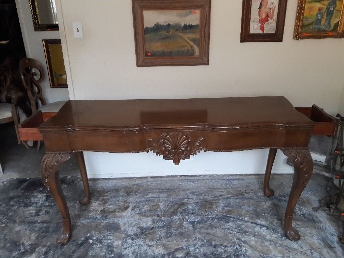 ANTIQUE LIBRARY TABLE (2 Drawers --top opens to create dining table)