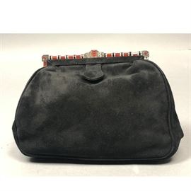Lot 180 Art Deco Carnelian Marcasite Black Suede Clutch E