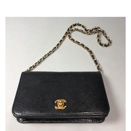 Lot 196 CHANEL Black Lizard Envelope form Clutch. Double 