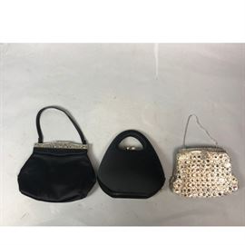 Lot 201 3pc Vintage Evening Bags. MM black satin purse wi