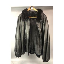 Lot 236 Black Leather Fur Reversible Mens Bomber Jacket. 