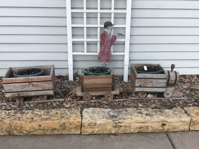 Wooden Rail Road planters with wooden track