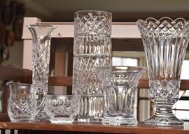 Waterford Crystal Vases, Open Sugar & Creamer (third vase from the right -smallest-is signed by Jim O'Leary