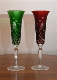 Pair of Waterford Crystal Cut Champagne Flutes - Christmas Tree, Snowflakes (Green & Ruby Red)