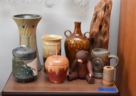 Ceramics, Pottery, Raku Jar, Wooden Bear Figurine