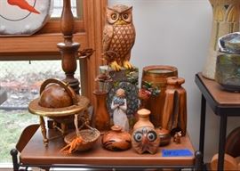 Wood Carved Vases, Jim Shore Owl Figurine, Small Desk Globe, Mexican Tonala Folk Art Pottery Owl