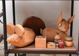 Carved Wood Mouse & Rabbit Figures, Pill Boxes, Etc.