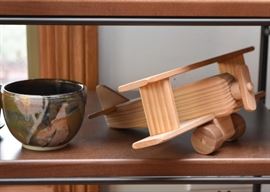 Raku Pottery Bowl, Wooden Airplane Figure / Toy