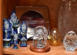 Blue Pottery Santa Claus Figurines, Waterford Crystal Nativity Dome, Crystal Eggs