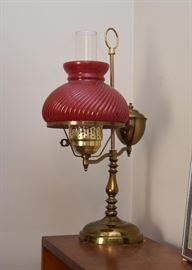 Brass Table Lamp with Red Glass Hurricane