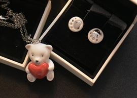 Lladro Jewelry (Teddy Bear with Heart Necklace & Bear Paw Earrings)