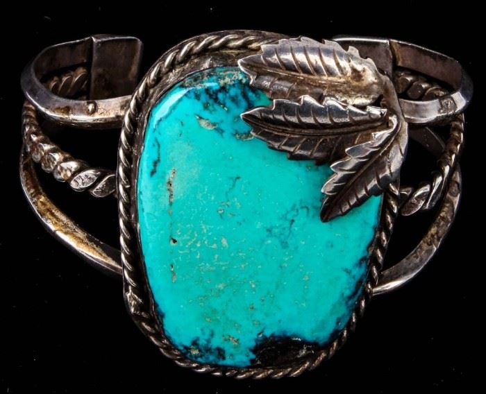 Lot 160 - Jewelry Sterling Silver Turquoise Cuff Bracelet