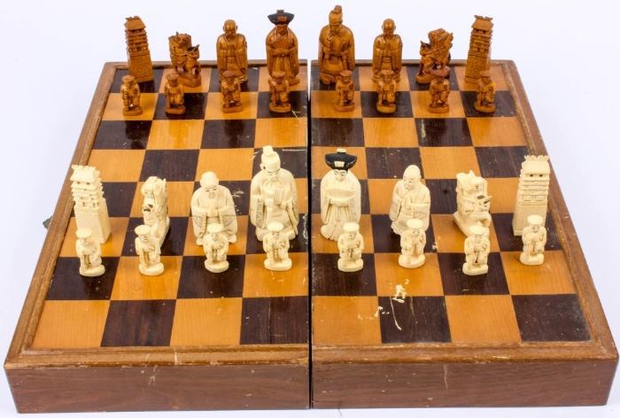 Lot 400 - Ivory & Bone Asian Carved Chess Set