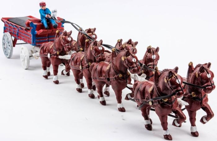Lot 56 - Toys Vintage Cast Iron Clydesdale Horses & Wagon