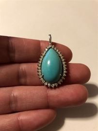 14 kt., diamond and turquoise pendant.