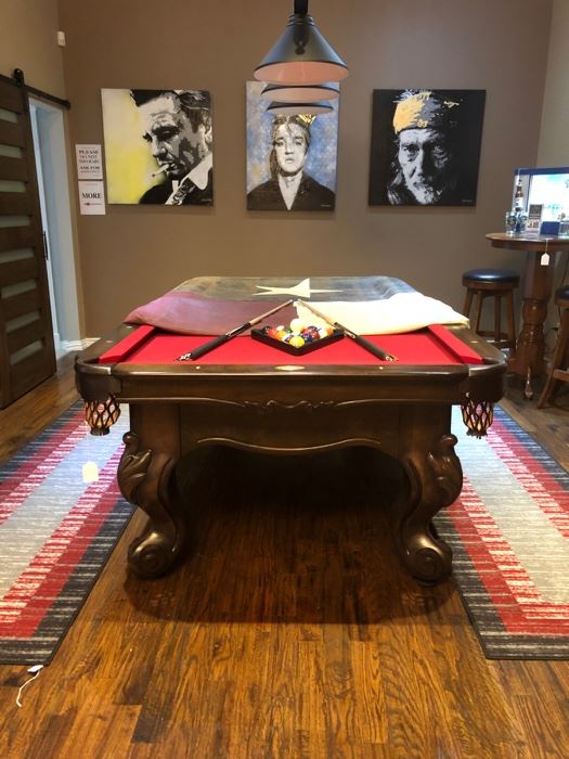 Connelly 8’ Billiards ‘Scottsdale’ Pool Table in a beautiful walnut color with a Texas themed cover.