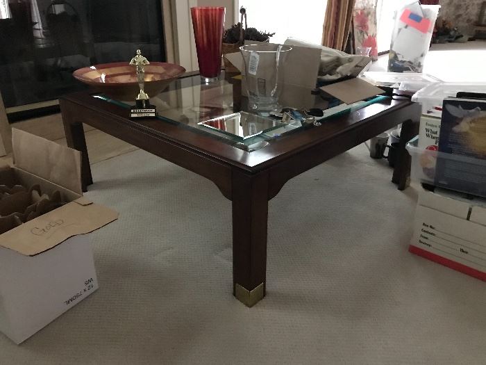 Wood and beveled glass square coffee table