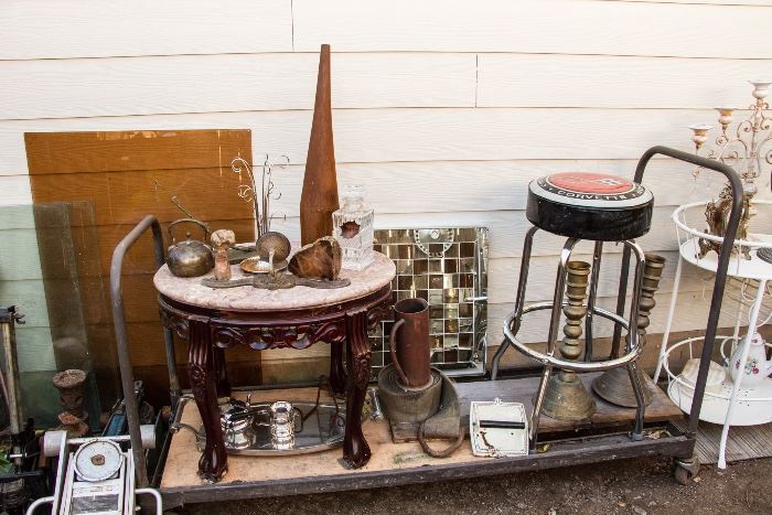 Marble Top Oval Table:  $60.00.  Shell Casing Pitcher:  $60.00.  Corvette Stool:  $39.00:  SOLD