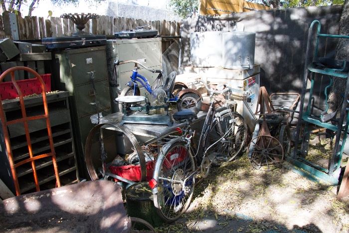 Vintage File Cabinets, Dollies, Cooking Pots, Mower, Jacks, Chrome, Bike...We've Got it All!