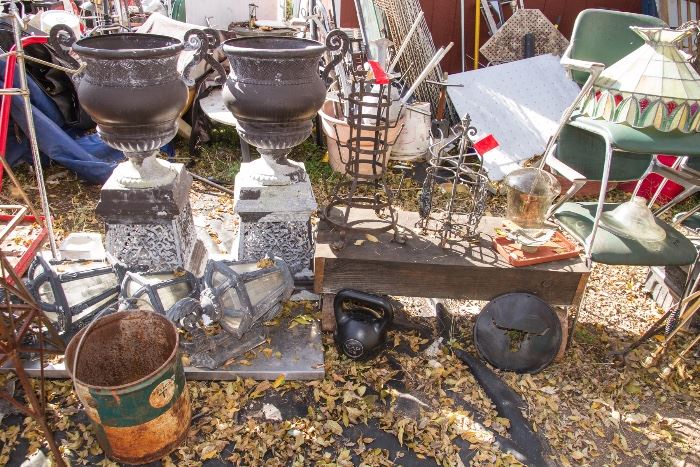 Urns Are Sold, Texaco bucket and wood block cart:  SOLD