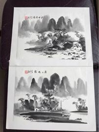 Japanese Ink Prints Pair Signed