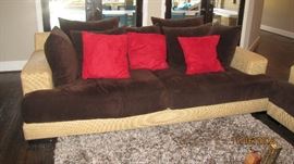 Custom made sofa from Zgallerie. Burlap and down filled cushions. Cushions and pillows material easily removable for washing