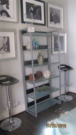 Pair of Modern Stools, Glass & Wood Etagere