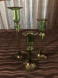 3 green glass candle holders