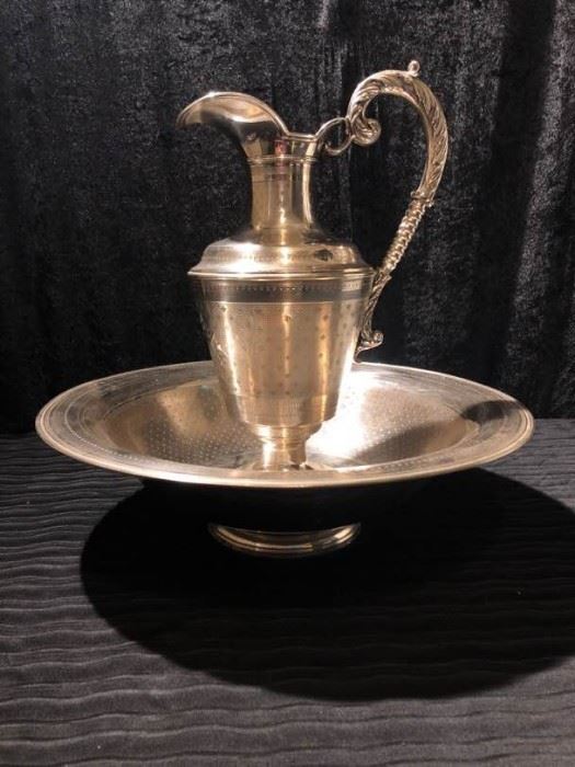 Antique silver pitcher and bowl
