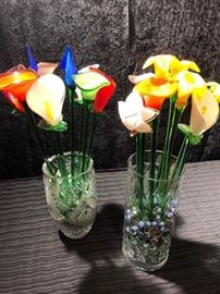 Hand blown glass flowers in vase