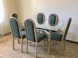 Grey Metal/Glass Top Dining Table w/ 6 Upholstered Chairs