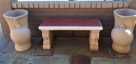 Cement Bench, 2 Large Urns