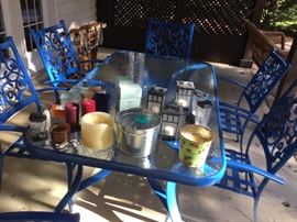 Blue table and chairs.