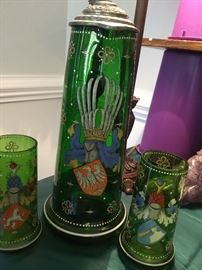 German enameled large antique stein with 2 glasses.