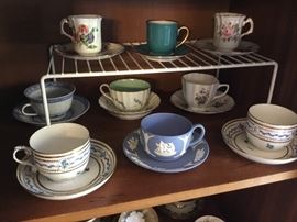 Cups and saucers.  Wedgwood, Royal Worcester and more.