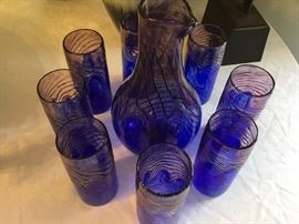 Blown glass decanter/pitcher and tumblers.