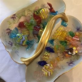 Victorian painted dish with Murano glass candies.