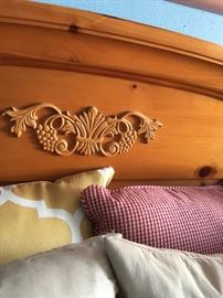 Hand Carved Headboard Queen Bedroom Set Pine, Bedding, Nightstand, Lamp, Decorative Pillows