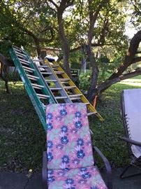 Assorted Extension Ladders, Lawn Chairs 