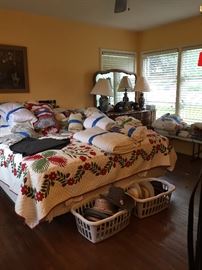 King Size Bed, Quilt Bedspread, Assorted Linens, Hats, Permacraft Dresser