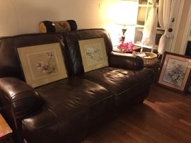 Leather Love Seat, Oriental Paintings on Rice Paper, End Tables, Lamps