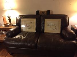 Leather Love Seat, Oriental Paintings on Rice Paper, End Tables, Lamps