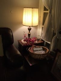 Leather Love Seat, Oriental Paintings on Rice Paper, End Tables, Lamps