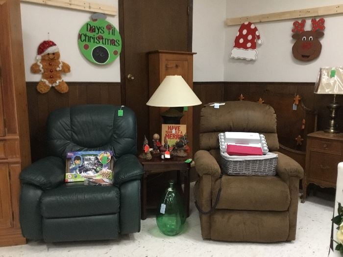 Rocker recliner on left, Lift chair on right, Christmas decor