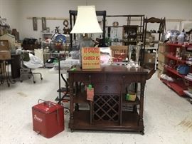 Rolling bar cart, vintage cooler, lamp
