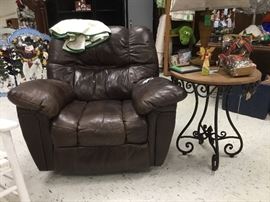 Large rocker/recliner, wrought iron/wood side table