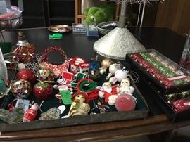 Musical, rotating Evergleam tree stand with original box, vintage ornaments