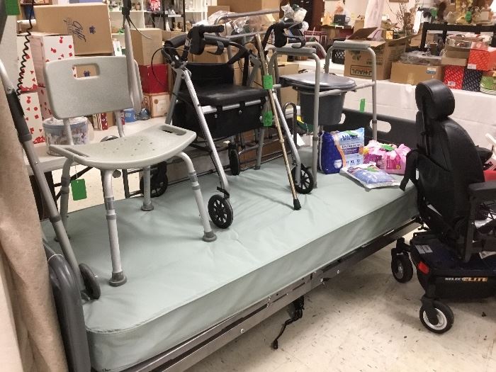 Electric hospital bed, rolling walker, standard walker
